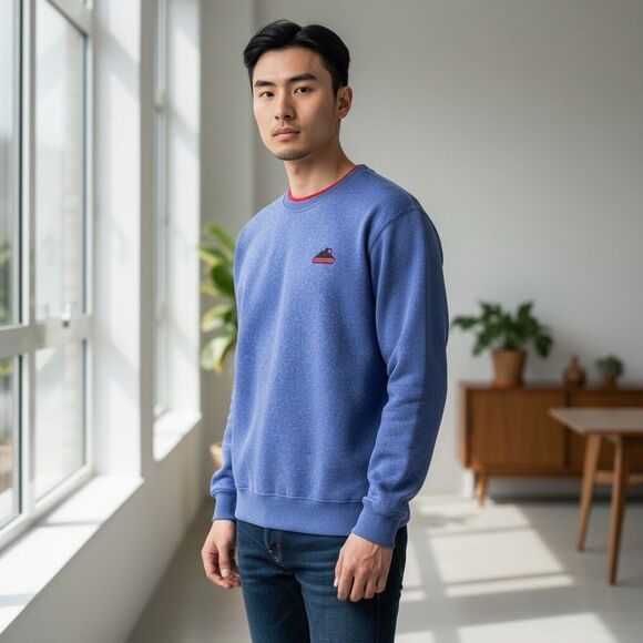 Reason Sweater Mens Large Blue Crewneck Pullover Mountain Patch Logo New NYC - Picture 11 of 11